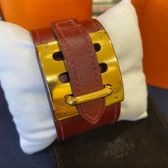 HERMES Rouge H Box Leather Gold Plated Intense cuff Bracelet Small - Picture 3 of 12